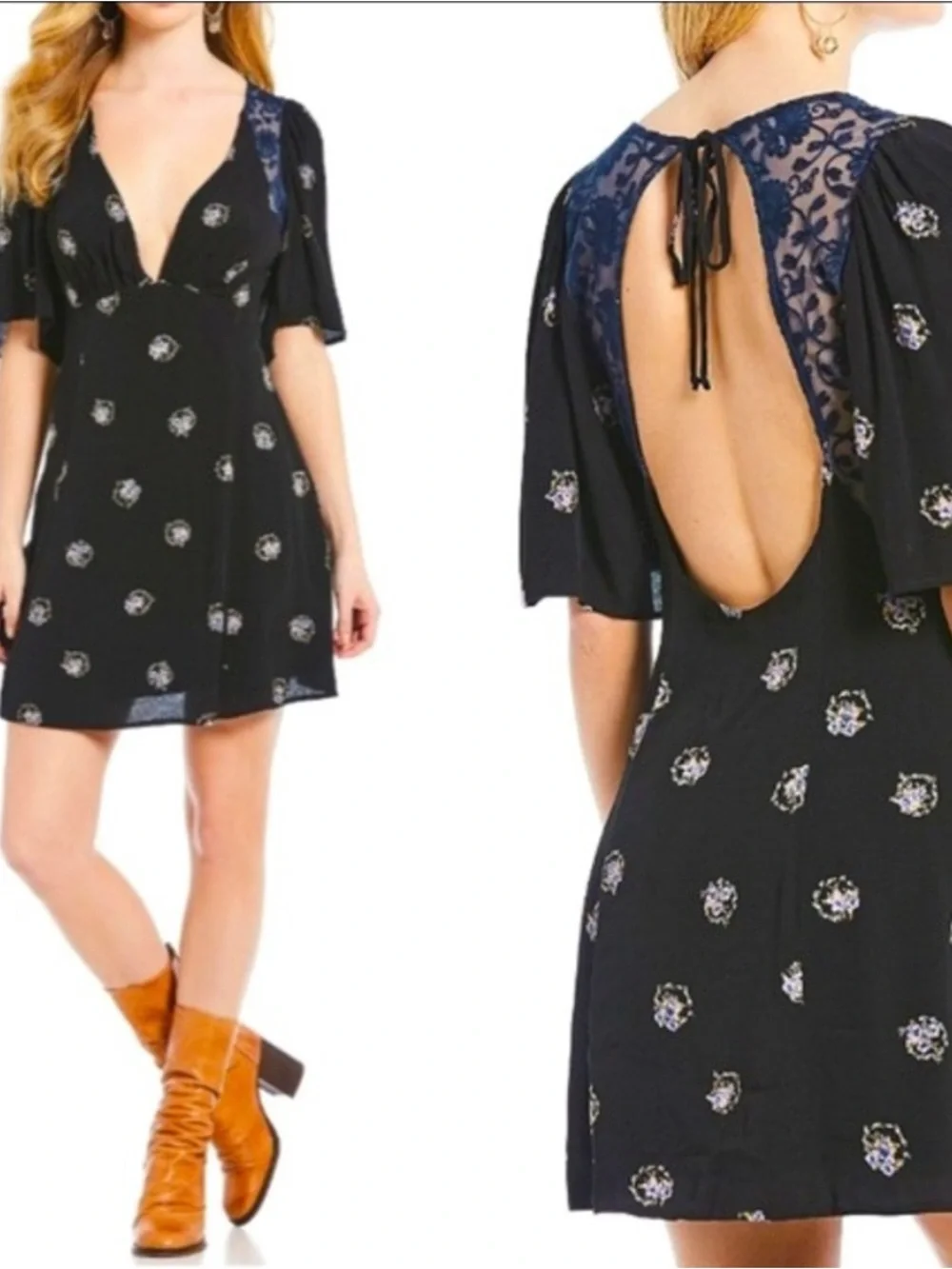 Free People Black Floral Backless V-Neck Mini Dress - Picture 2 of 7